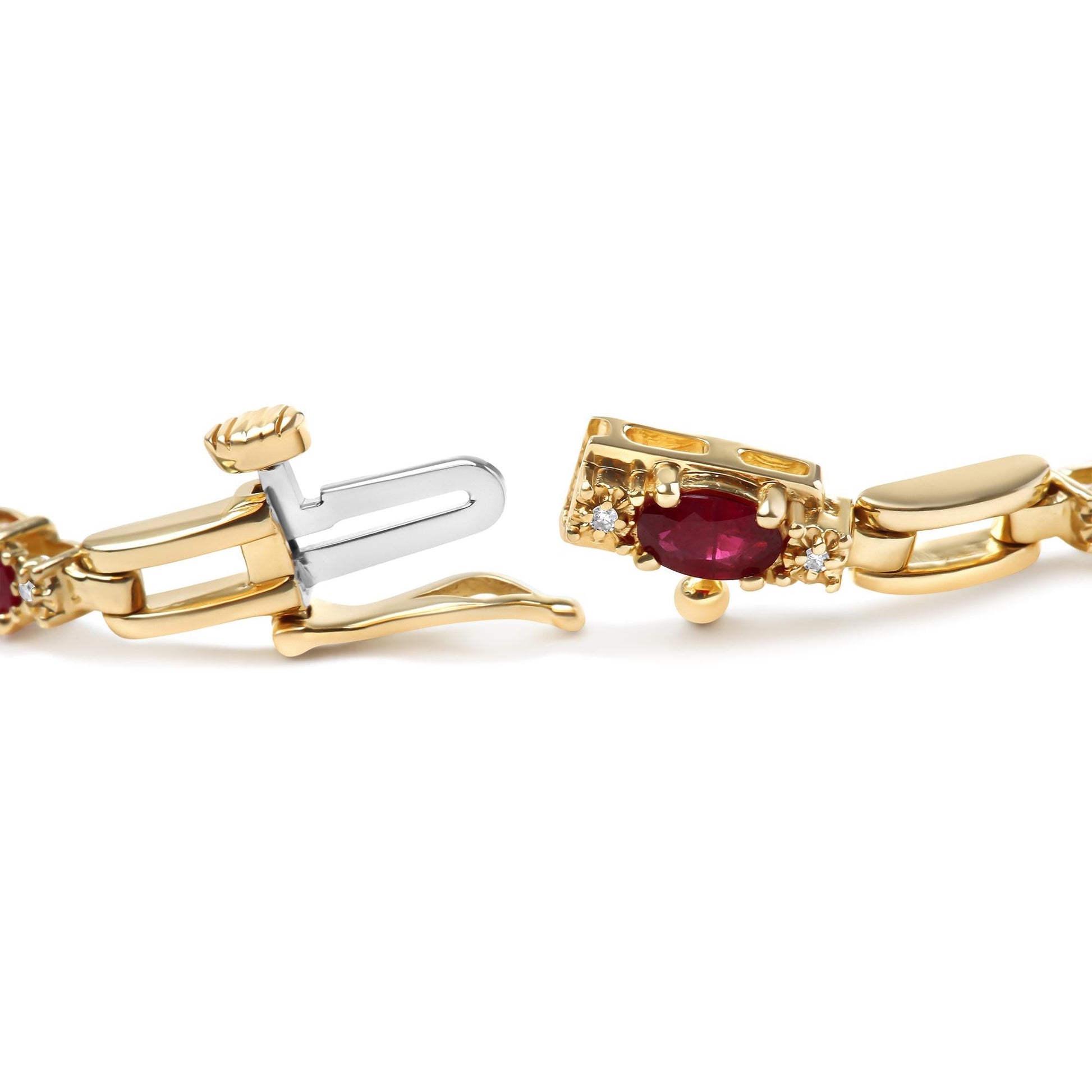 10K Yellow Gold Oval Ruby and 1/10 Cttw Diamond Bar Prong Set Bracelet (H-I