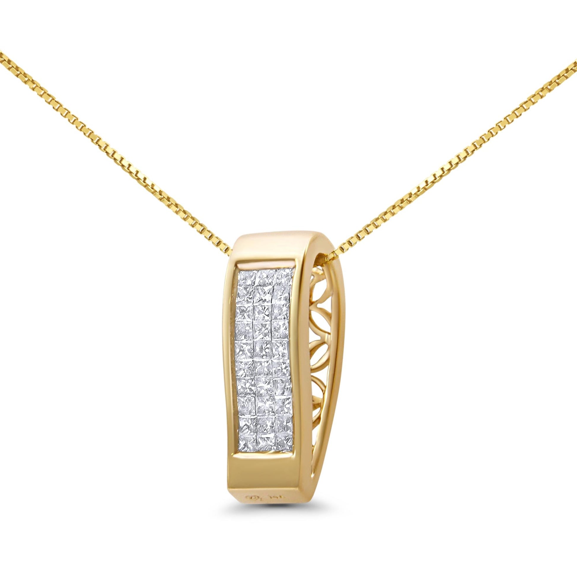 14K Gold 1/2 Cttw Invisible Set Princess Cut Diamond Vertical Bar Block Pendant