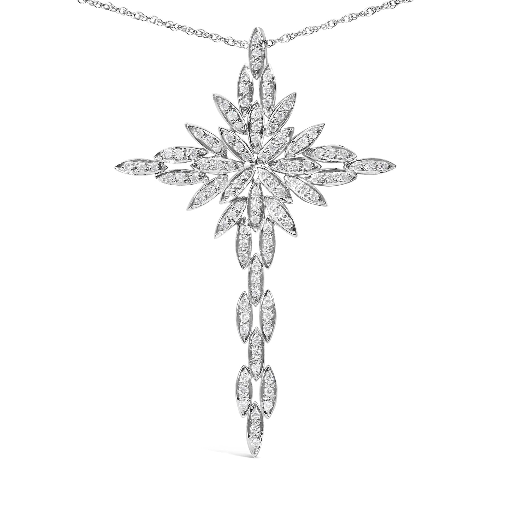 14K White Gold 1.0 Cttw Cocktail Cluster Cross 18’’ Pendant Necklace (H-I