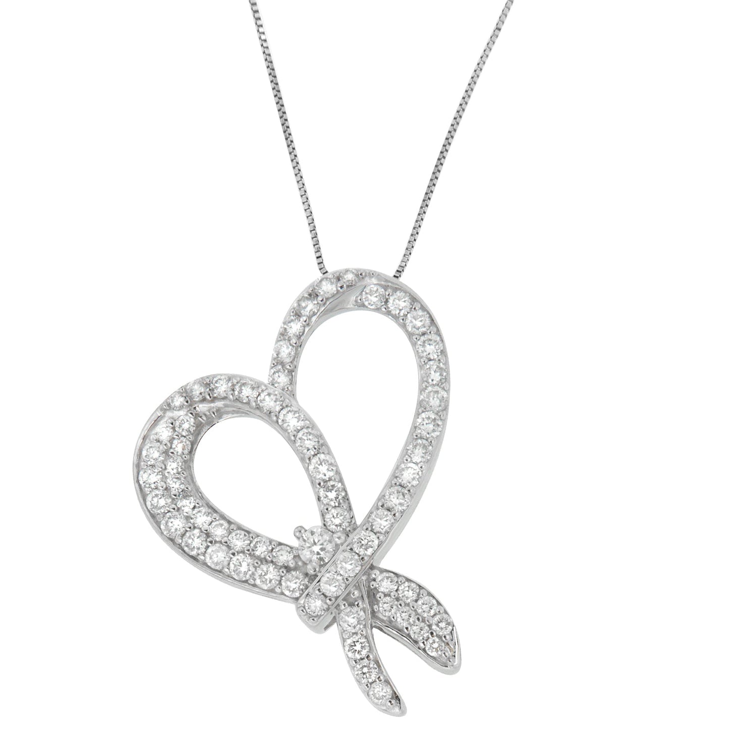 10K White Gold 1 cttw Round Cut Diamond Heart and Bow Pendant Necklace (G-H