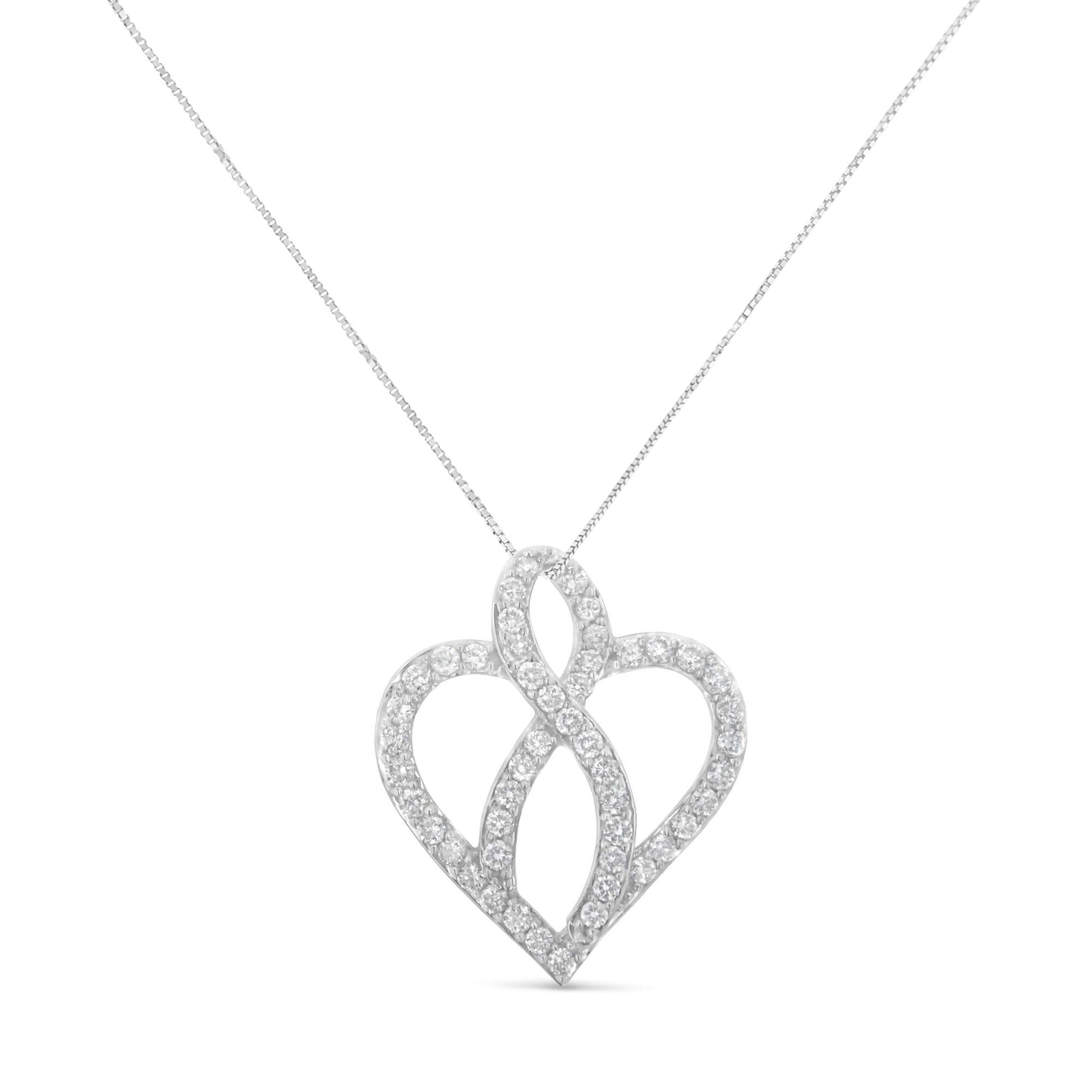 14KT White Gold 1 cttw Diamond Heart Ribbon Pendant Necklace (H-I I1-I2)