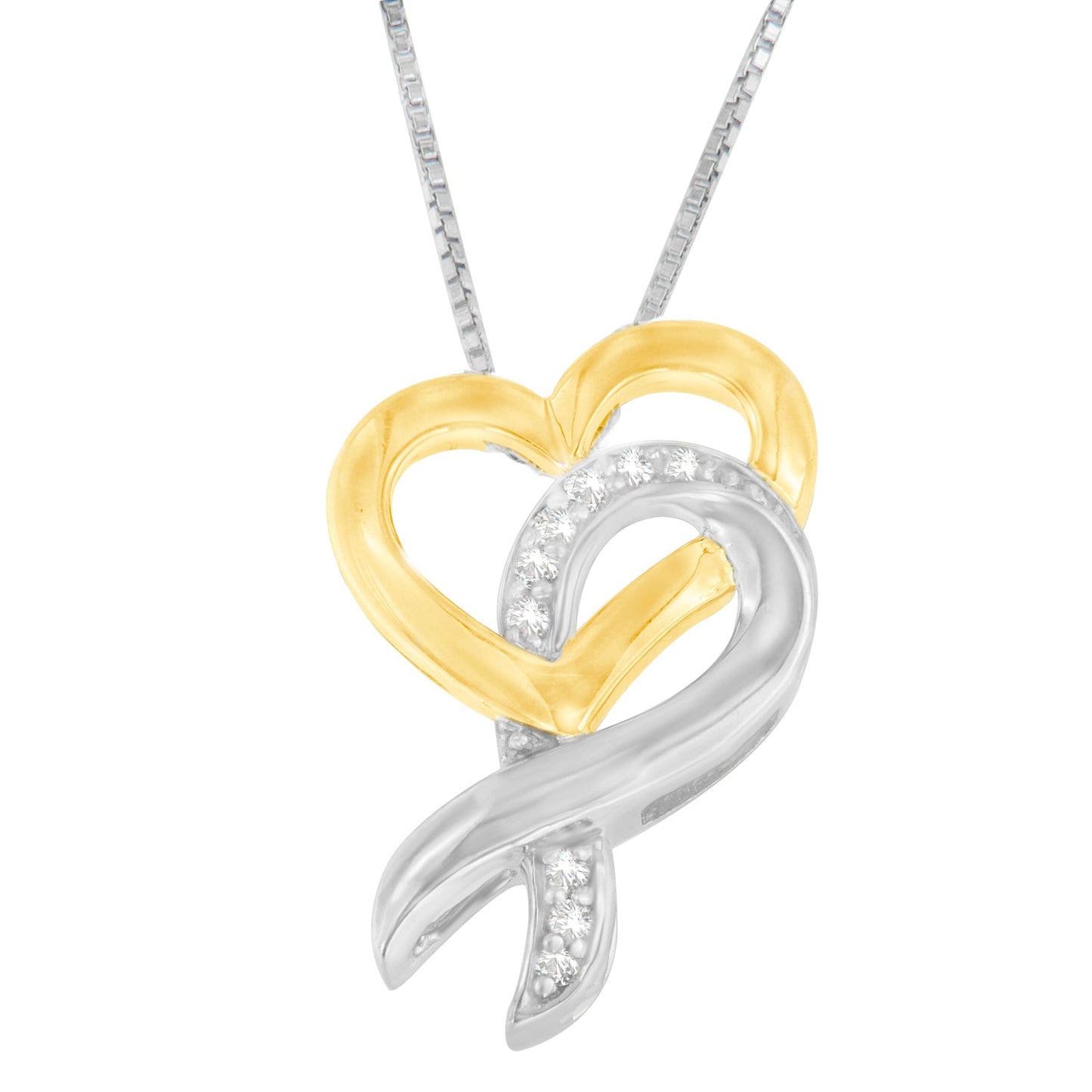 10K Yellow Gold and.925 Sterling Silver 1/20 cttw Diamond Ribbon-Heart Pendant