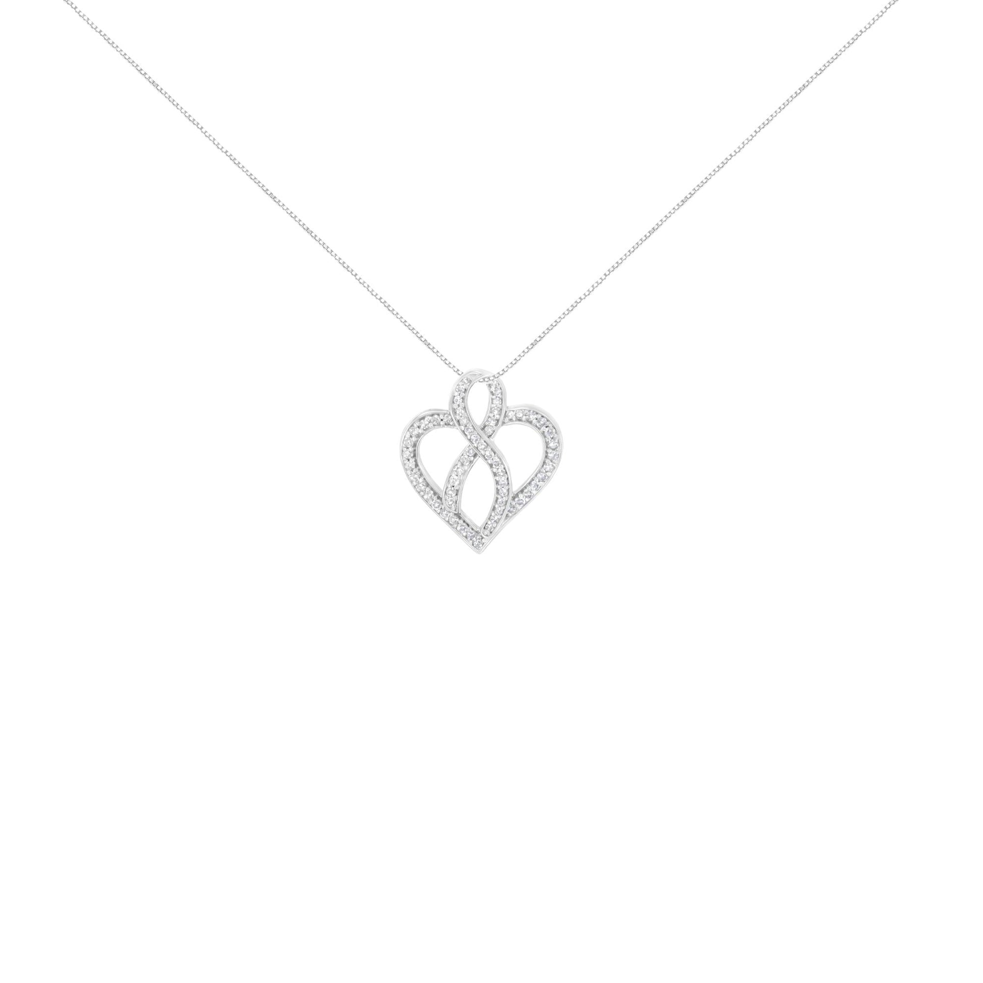 14K White Gold 1/4 cttw Round Cut Diamond Heart and Ribbon Center Pendant