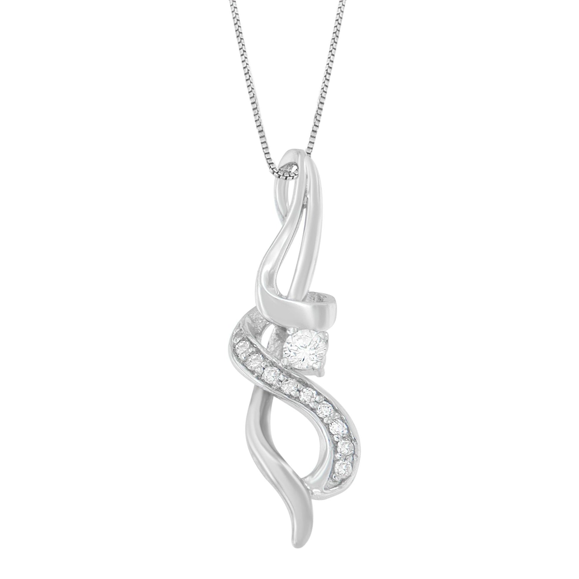 Espira 10K White Gold 1/5 cttw Round Cut Diamond Swirl Pendant Necklace (J-K