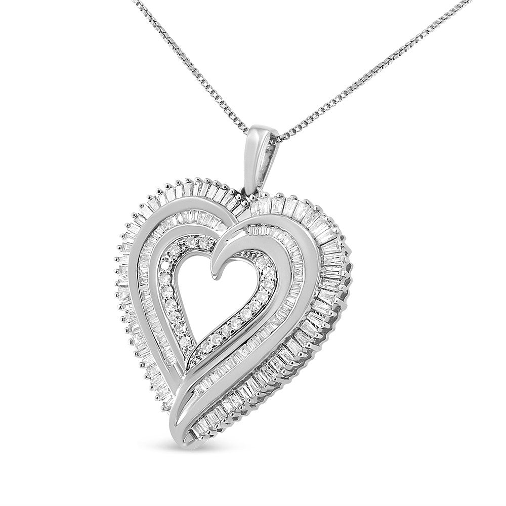 .925 Sterling Silver 1 1/2 Cttw Baguette Diamond Composite Heart 18’’ Inch