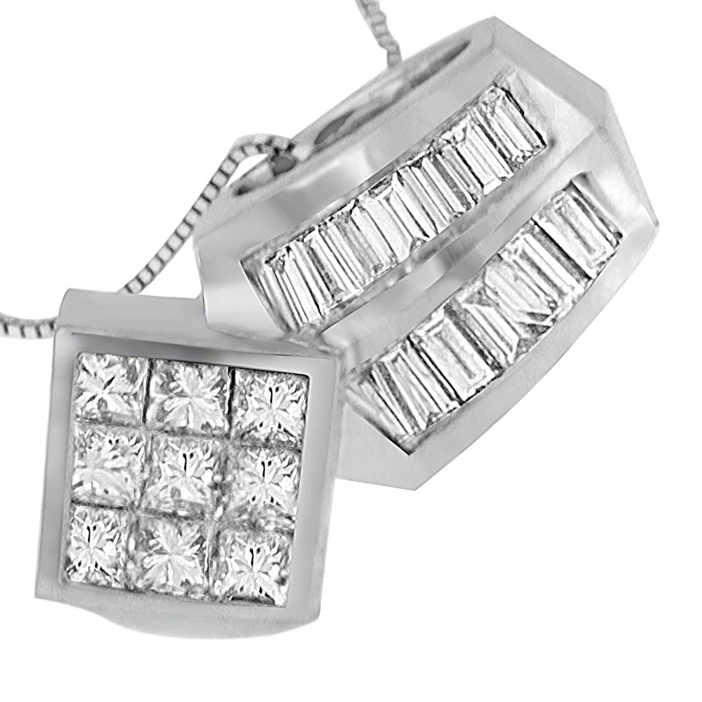 14K White Gold 1 1/2 cttw Princess and Baguette Cut Diamond Multi-shape Pendant