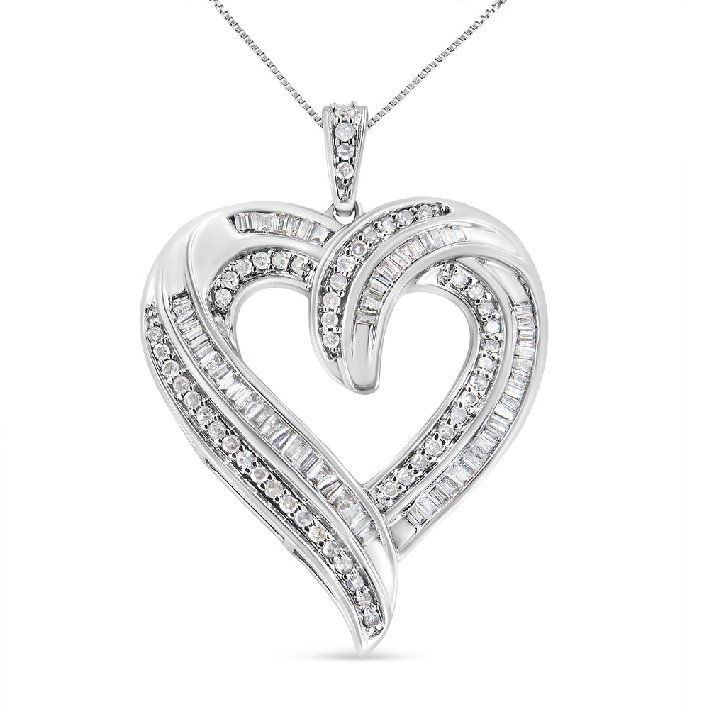 .925 Sterling Silver 3/4 Cttw Round and Baguette-Cut Diamond Open Heart