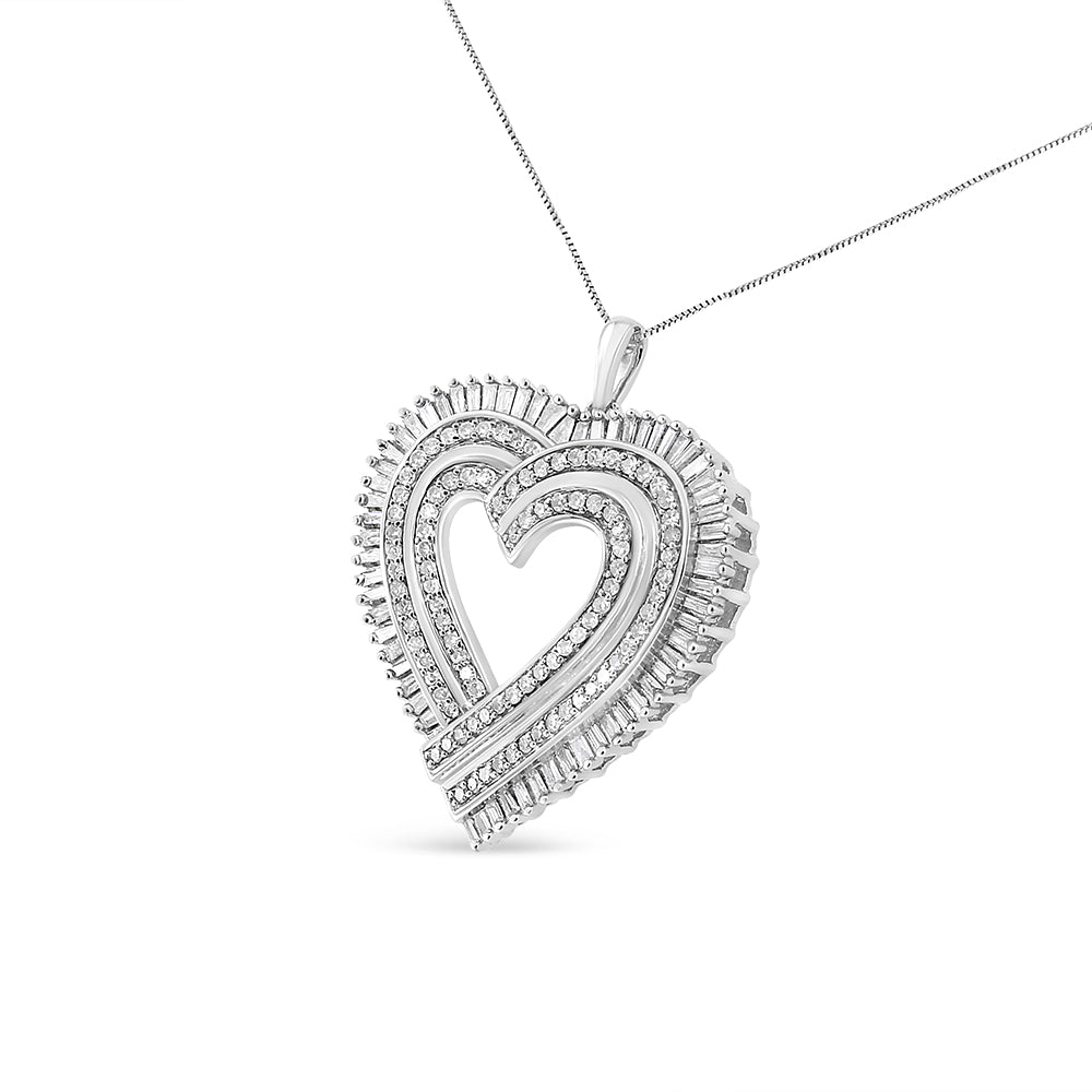 .925 Sterling Silver 1 1/4 Cttw Round and Baguette-Cut Diamond Composite Heart