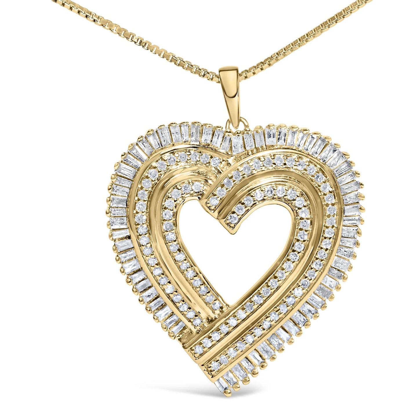 14K Yellow Gold Plated .925 Sterling Silver 1/4 Cttw Round and Baguette-Cut Diamond Composite Heart 18" Pendant Necklace (H-I Color, SI2-I1 Clarity)