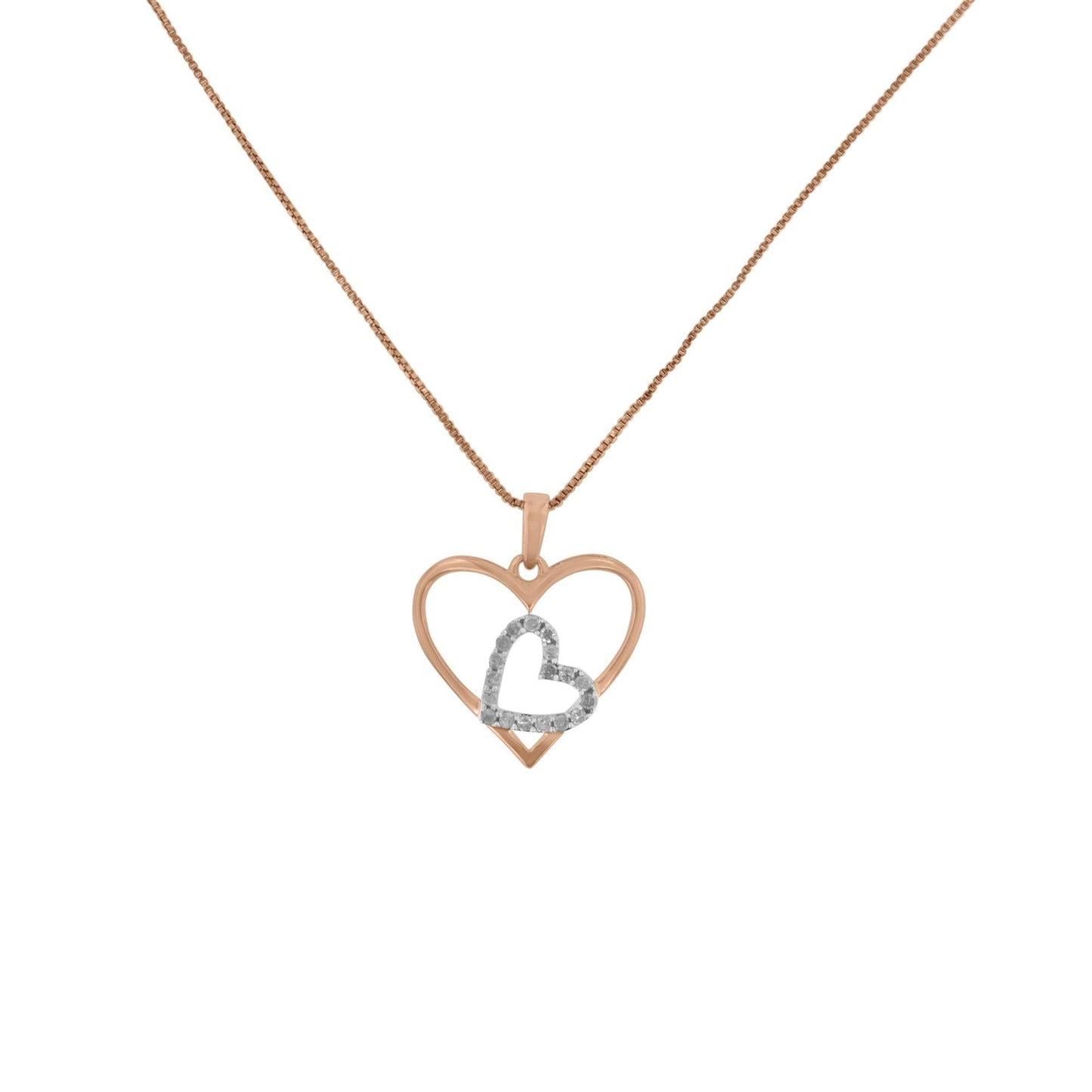 Two Tone.925 Sterling Silver 1/4 cttw Diamond Double Heart Pendant Necklace