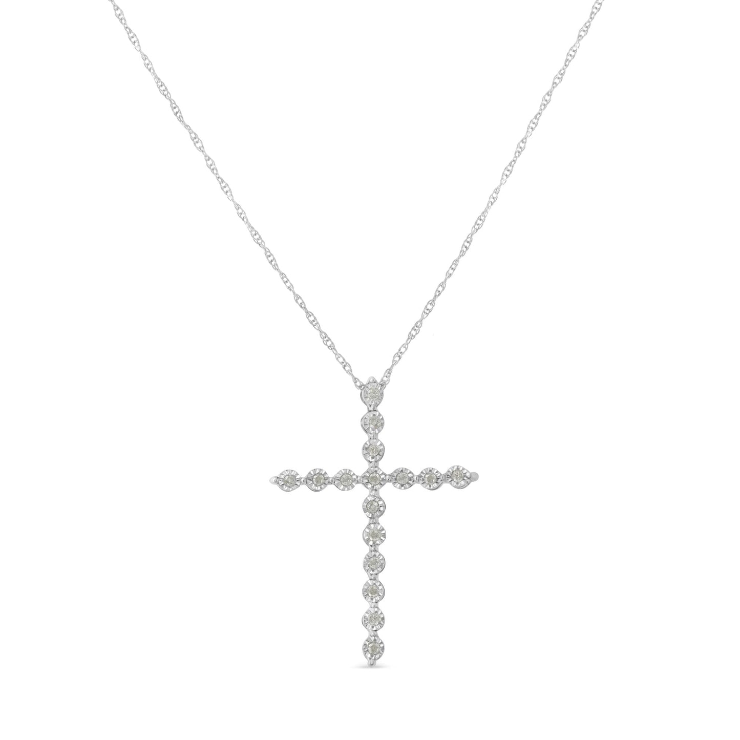 .925 Sterling Silver 1/6 Cttw Brilliant-Cut Diamond Miracle-Set Shared Prong Cross 18" Pendant Necklace (I-J Color, I2-I3 Clarity)