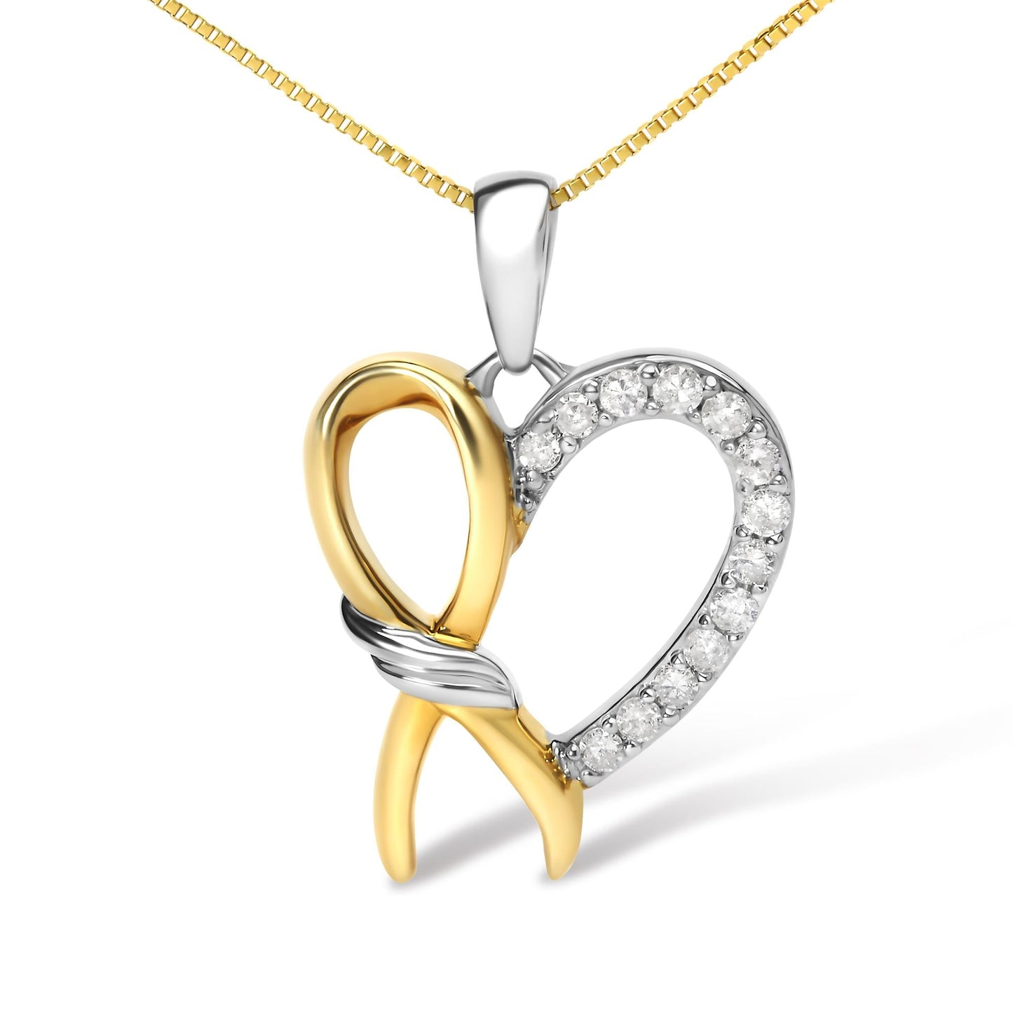 10K Yellow Gold Plated.925 Sterling Silver 1/5 Cttw Diamond Ribbon Heart