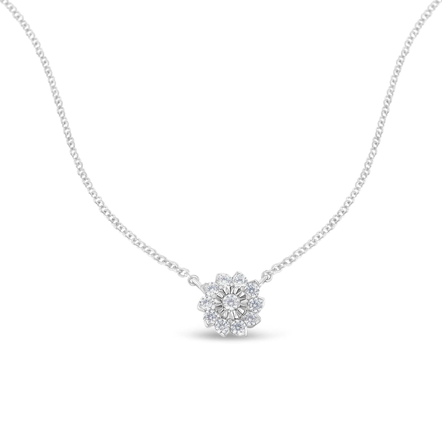 .925 Sterling Silver 1/2 Cttw Diamond Miracle Set Flower Cluster Pendant Necklace with Cable Chain (I-J Color, I1-I2 Clarity) - 18”