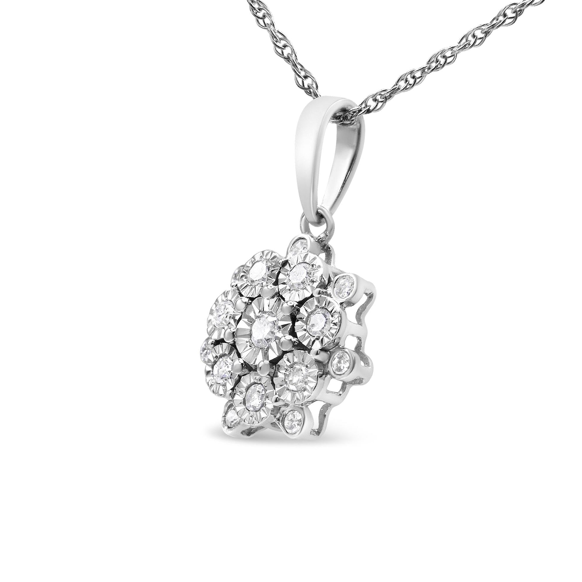 .925 Sterling Silver 1/4 Cttw Miracle Set Diamond Floral Cluster 18’’