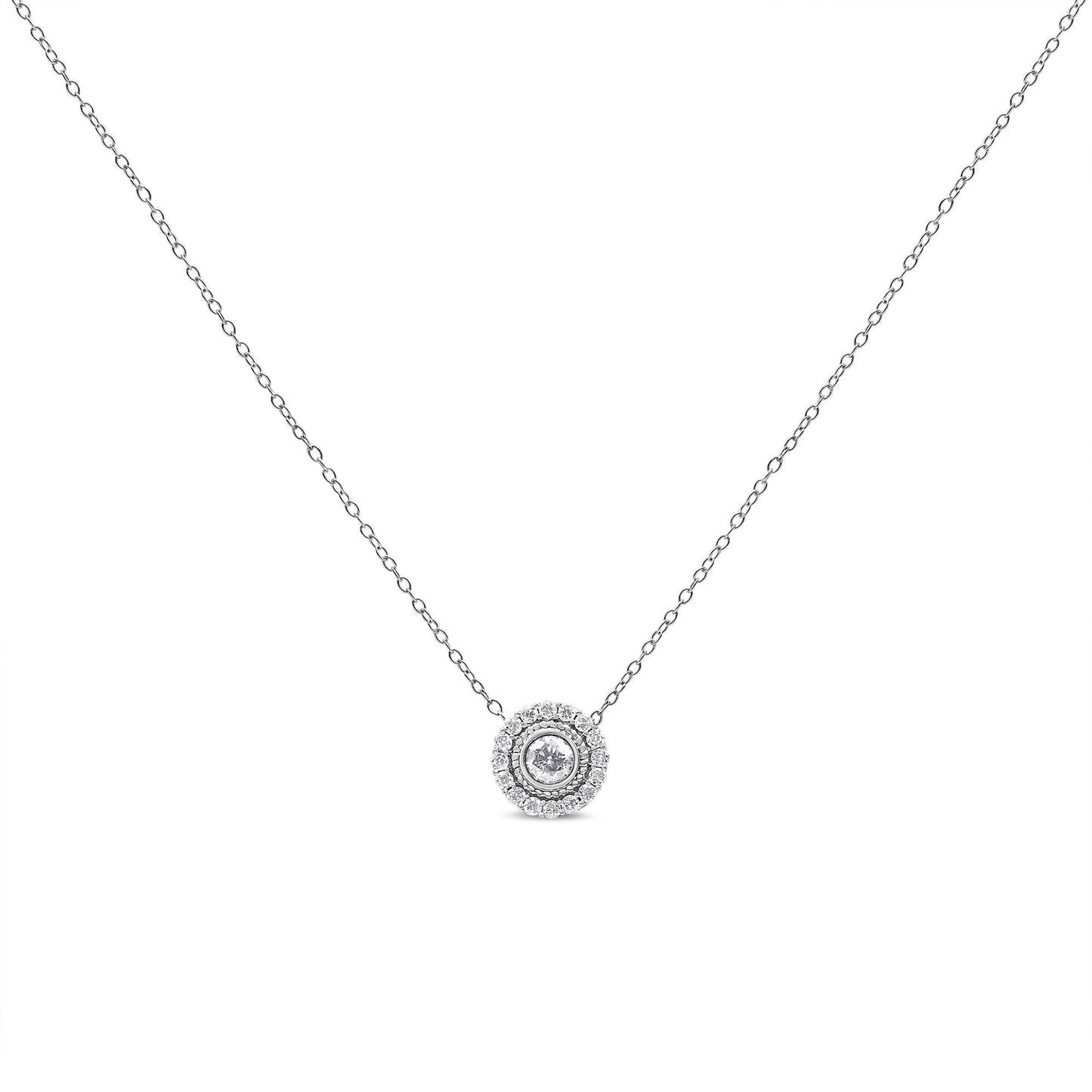 .925 Sterling Silver 1/2 Cttw Round Diamond Halo Circle Pendant 18’’