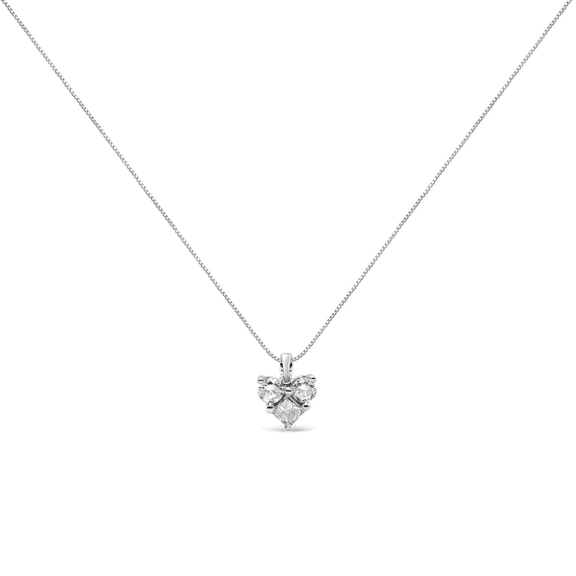 10K White Gold 1/4 Cttw Diamond 3 Stone Heart Shaped Pendant 18’’ Necklace