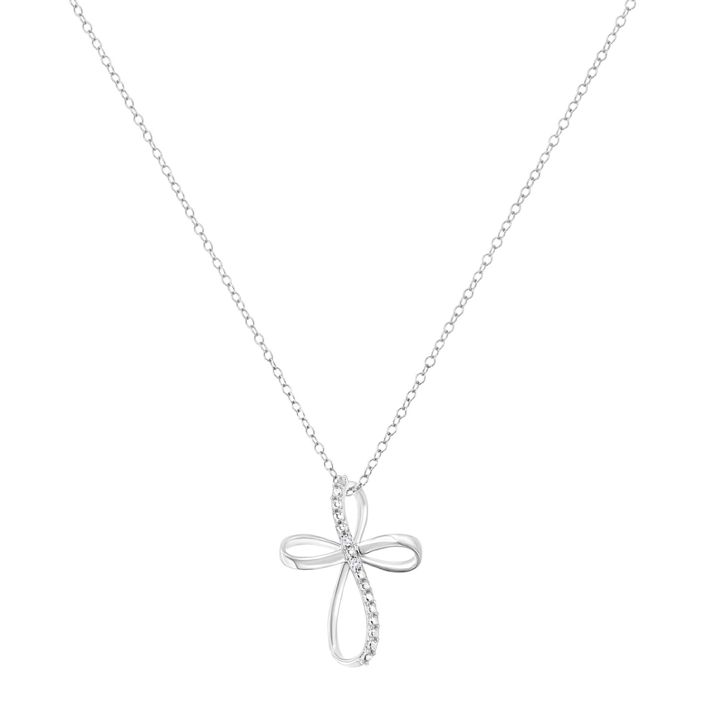 .925 Sterling Silver Diamond Accent Cross Ribbon 18’’ Pendant Necklace (I-J