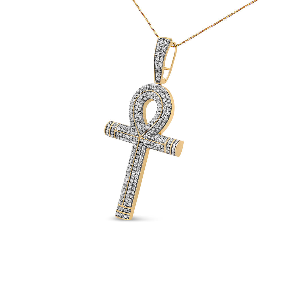 10K Yellow Gold 1 7/8 Cttw Round Diamond Ankh Cross Pendant Necklace for Men