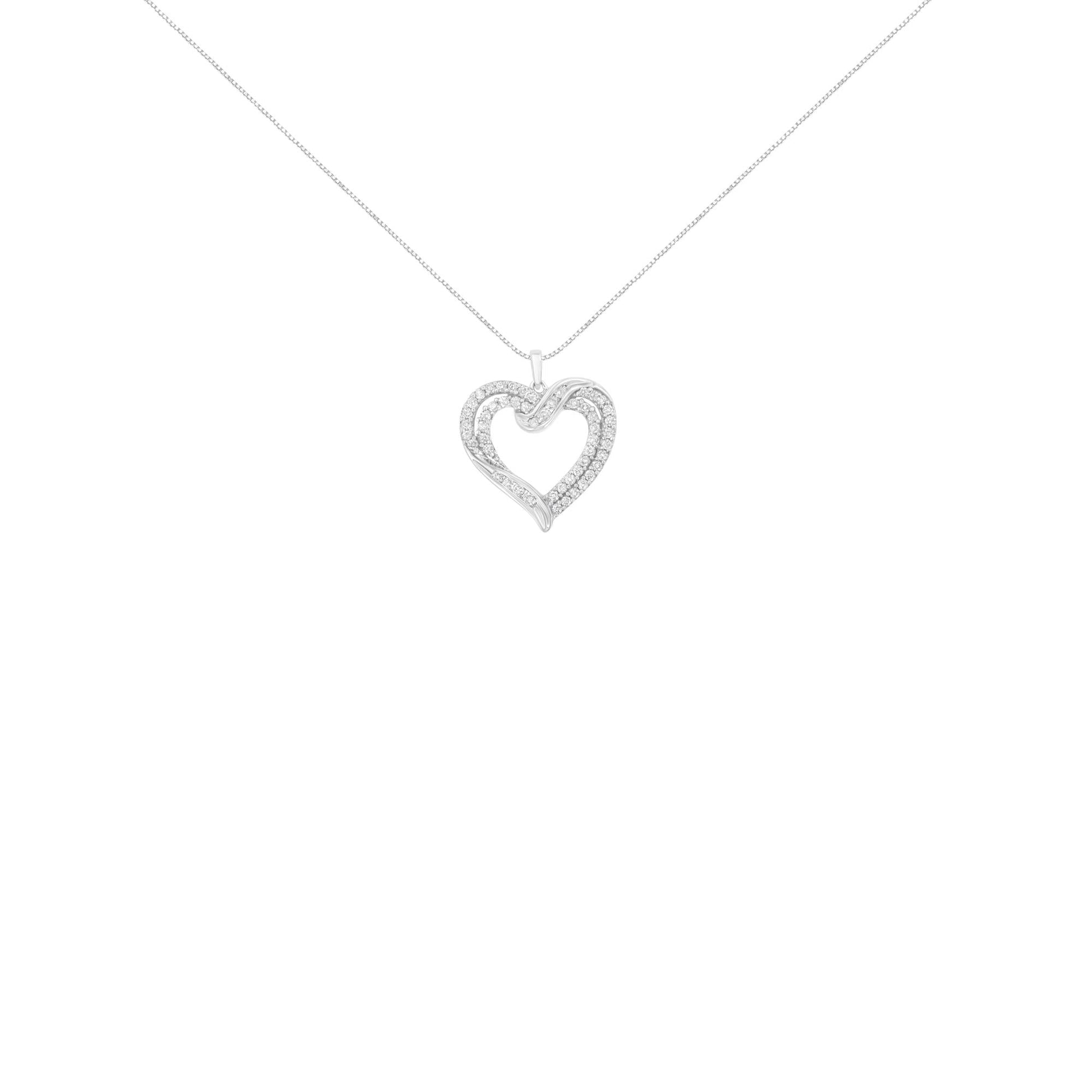 .925 Sterling Silver 1.00 Cttw Diamond Interwoven Double Heart 18’’ Pendant