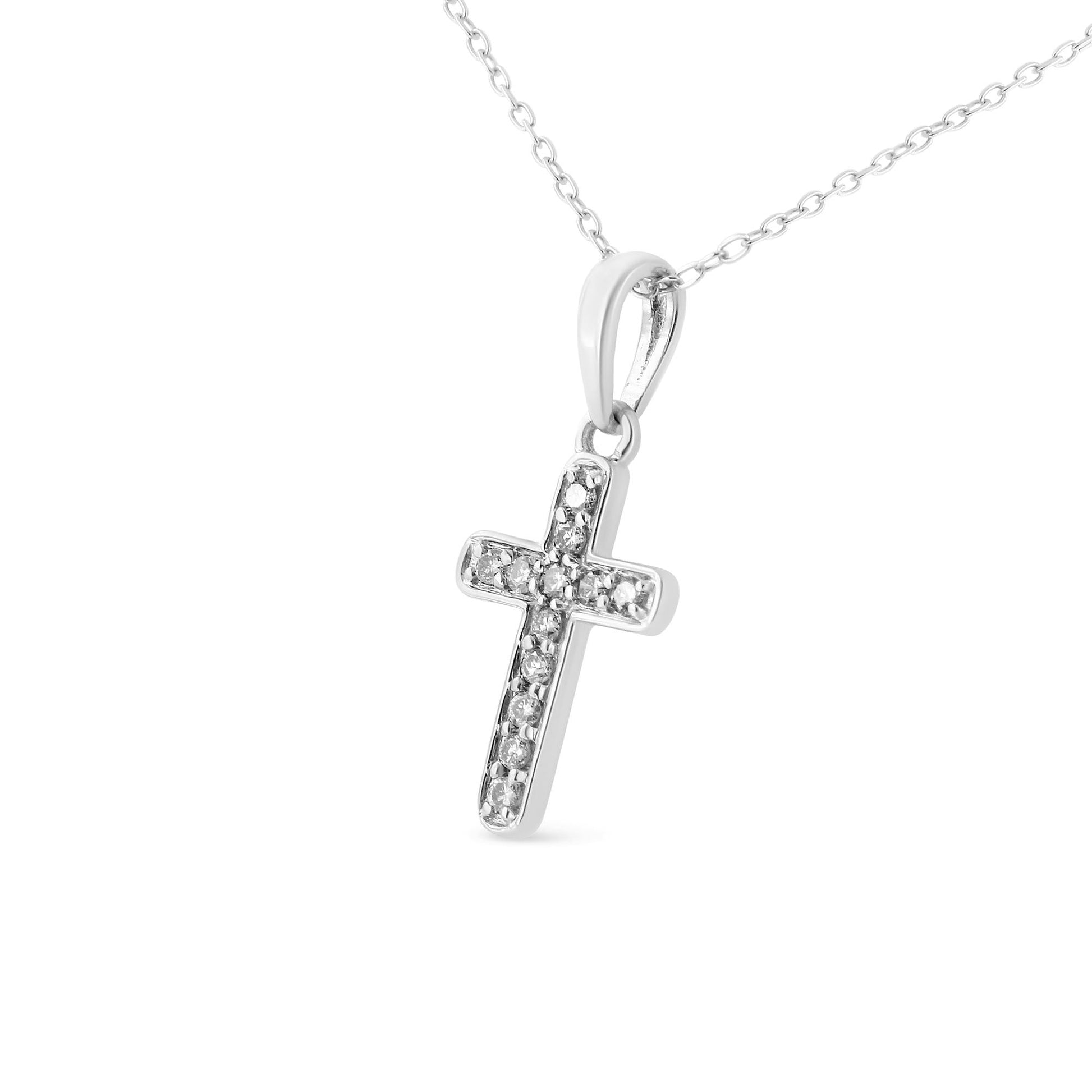 .925 Sterling Silver 1/4 Cttw Prong Set Round-Cut Diamond Cross 18’’