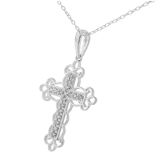 .925 Sterling Silver 1/4 Cttw Round Cut Diamond Art Deco Style Cross 18’’