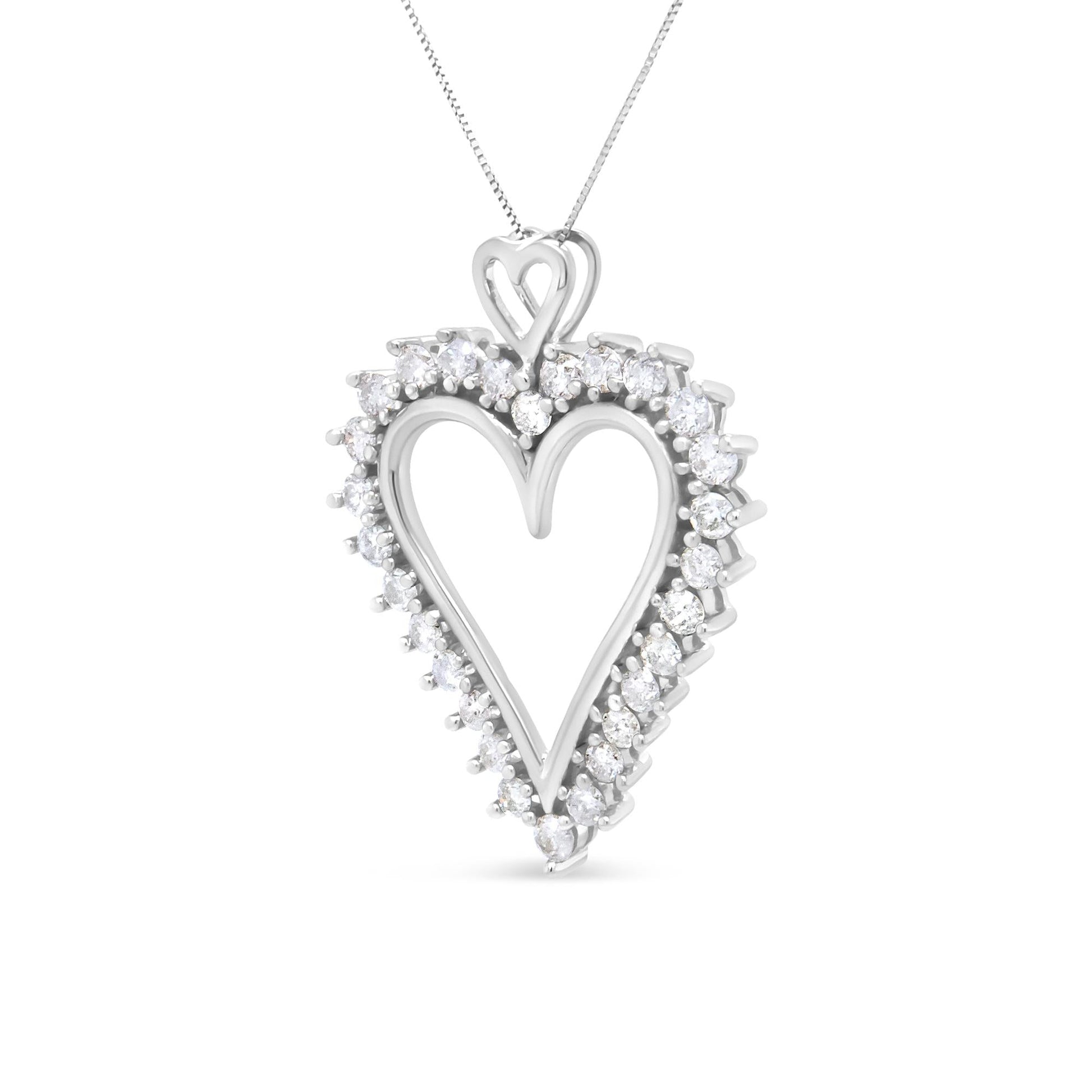 .925 Sterling Silver 1 3/4 Cttw Round Diamond Lined Open Heart Pendant 18’’