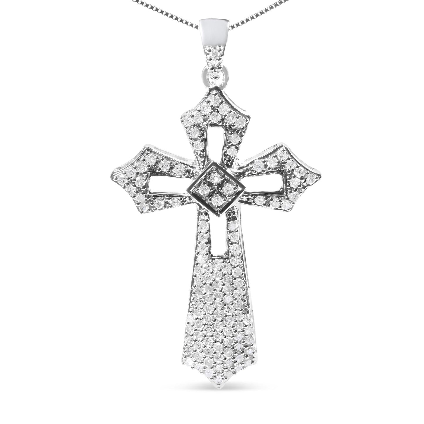 .925 Sterling Silver 1.00 Cttw Diamond Fleur De Lis Cross 18’’ Pendant