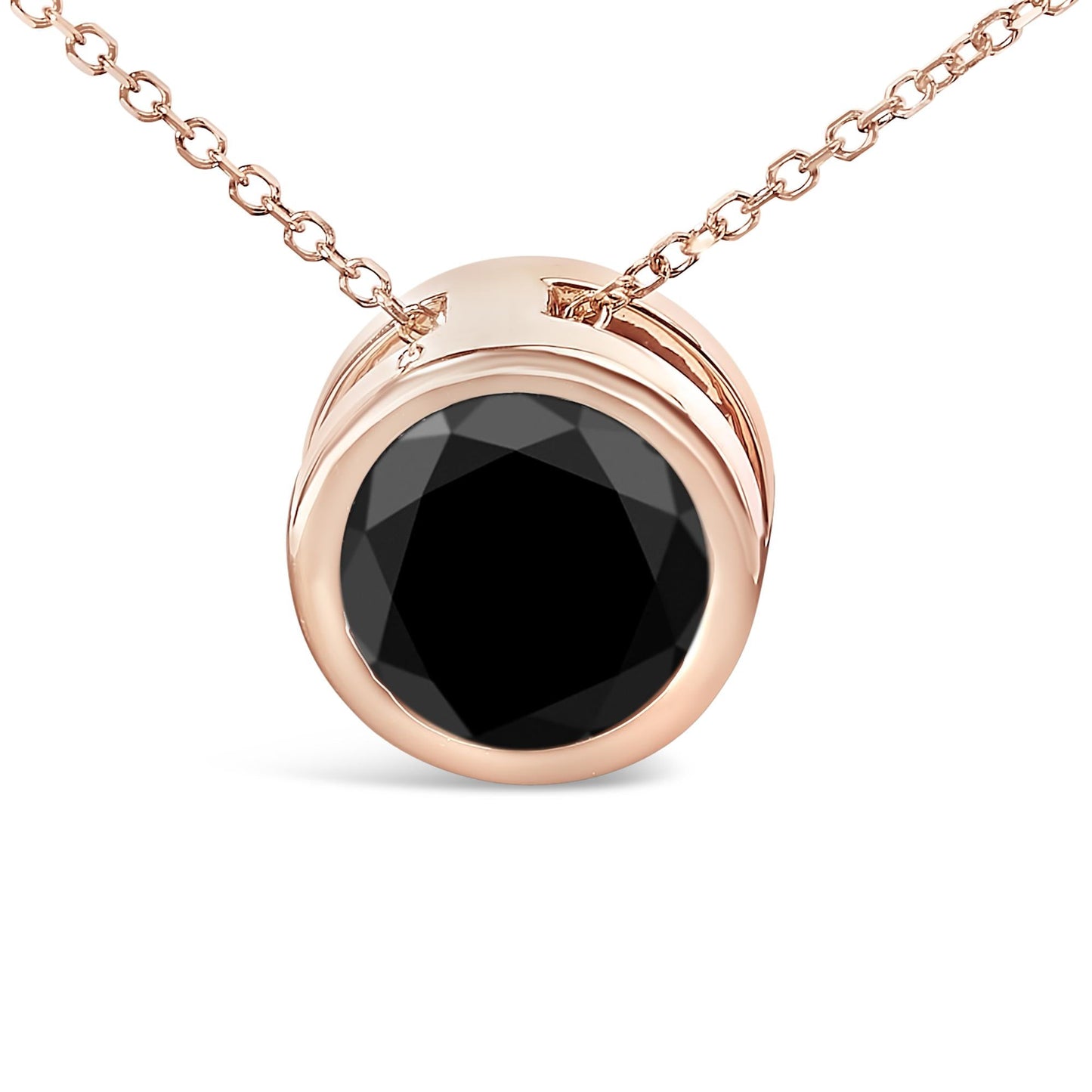 14K Rose Gold Bezel-Set Black Round Diamond Solitaire Pendant Necklace (Black Color, I2-I3 Clarity) - 18"