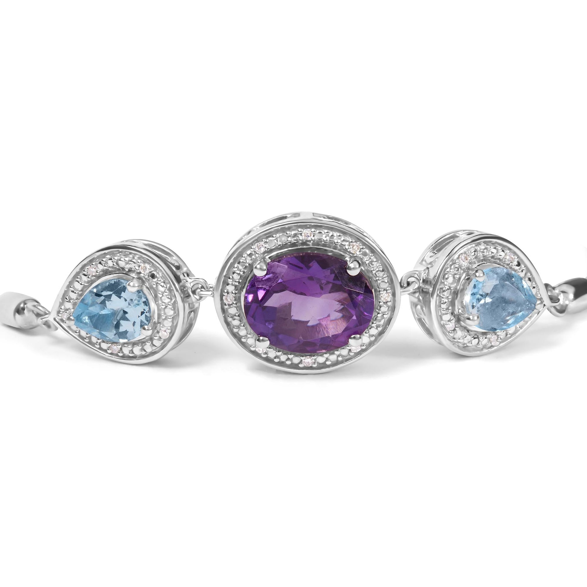 .925 Sterling Silver Oval Amethyst and Pear Blue Topaz with Diamond Accent