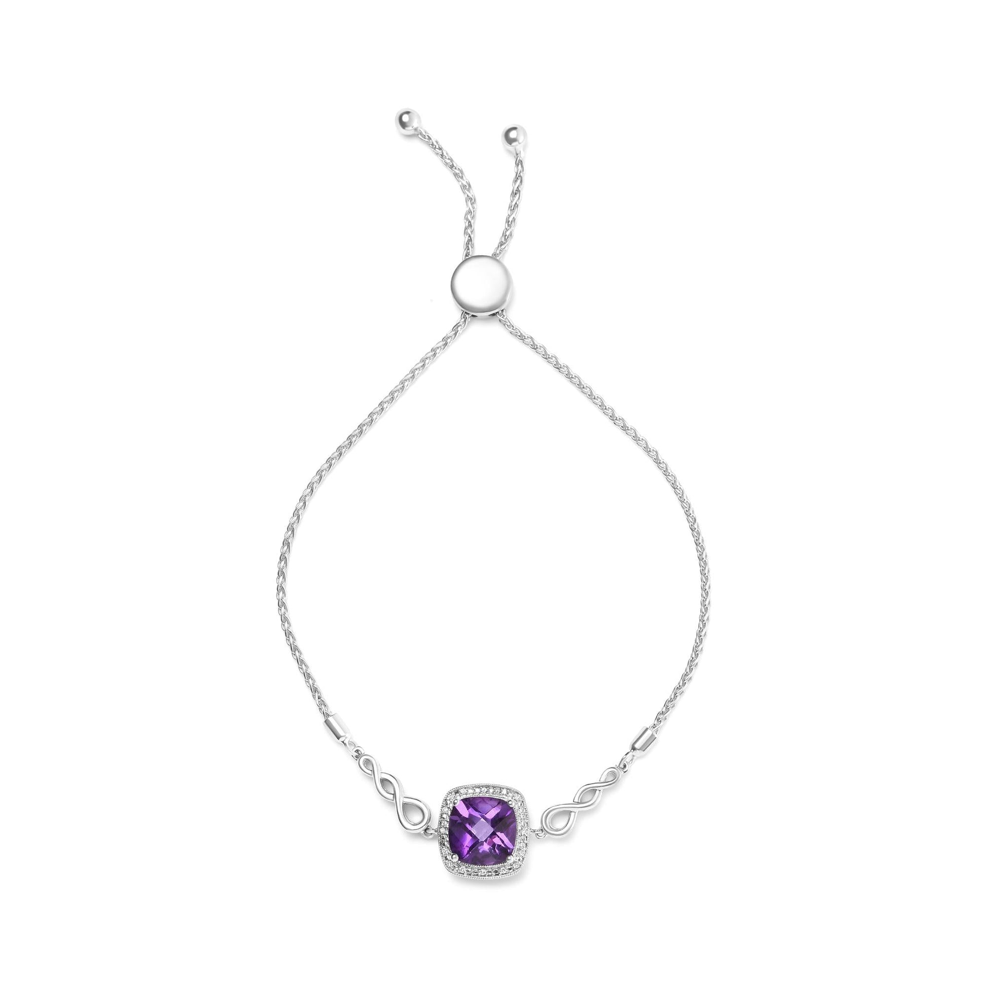 .925 Sterling Silver 10mm Cushion Cut Amethyst Gemstone and Diamond Accent