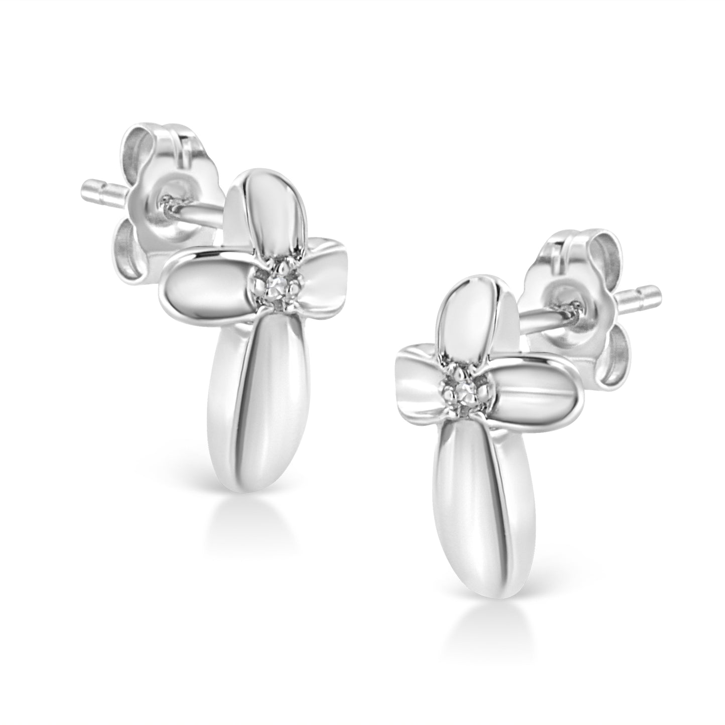 .925 Sterling Silver Prong Set Diamond Accent Floral Cross Stud Earring (I-J