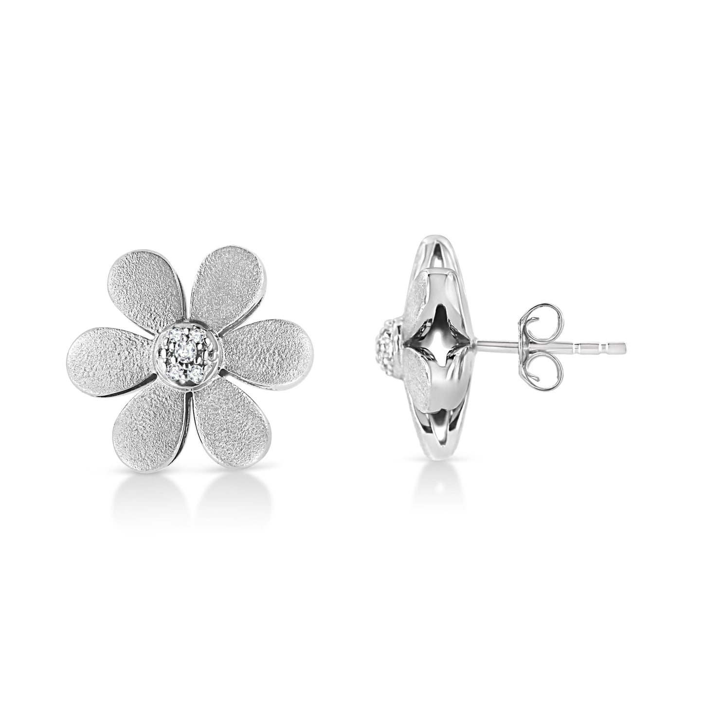 Matte Finished.925 Sterling Silver Diamond Accent Flower Hoop Stud Earring (I-J