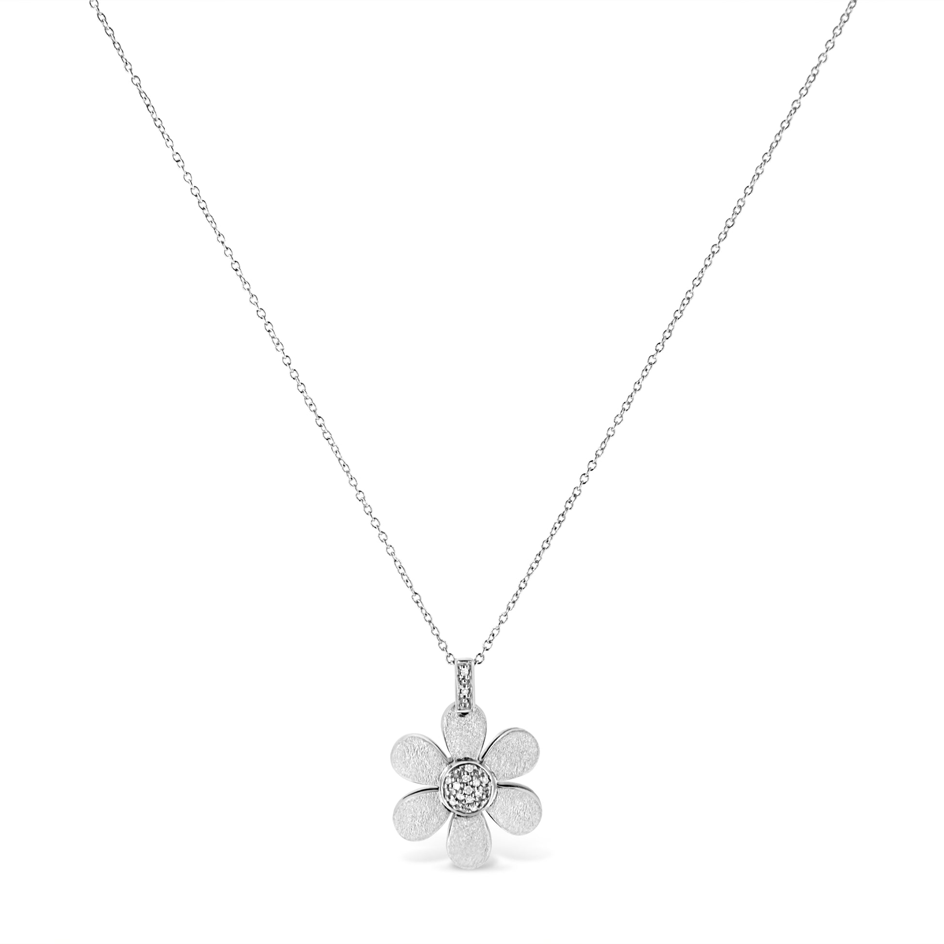 .925 Sterling Silver Pave-Set Diamond Accent Flower 18’’ Pendant Necklace