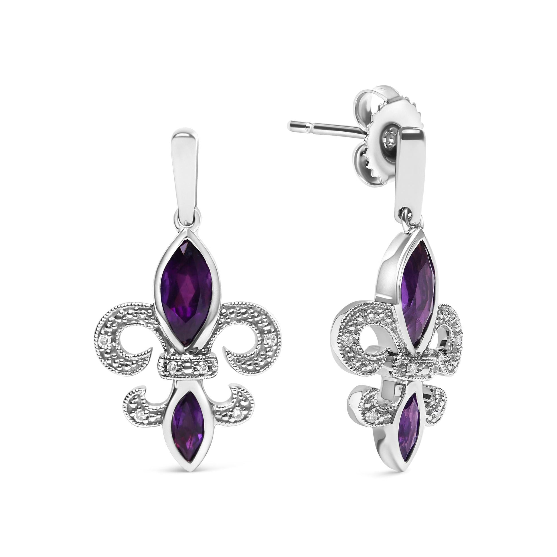 .925 Sterling Silver Marquise Cut Amethyst and Diamond Accent Fleur De Lis