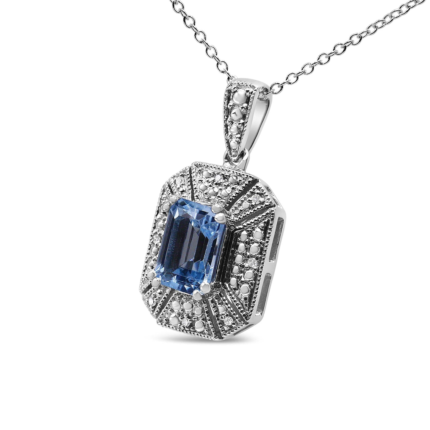 .925 Sterling Silver Blue Topaz and Diamond Accent Art Deco Style 18’’