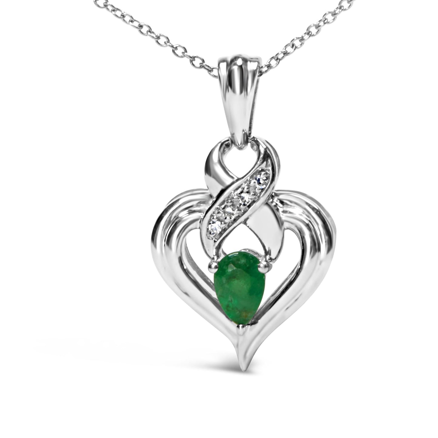 .925 Sterling Silver 6x4mm Pear Emerald and Diamond Accent Heart Pendant