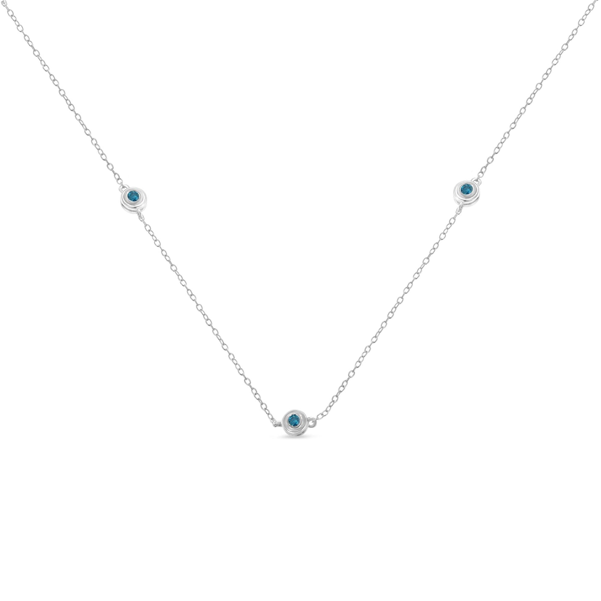 Sterling Silver Treated Blue Color Diamond Station Necklace (1/2 cttw Blue