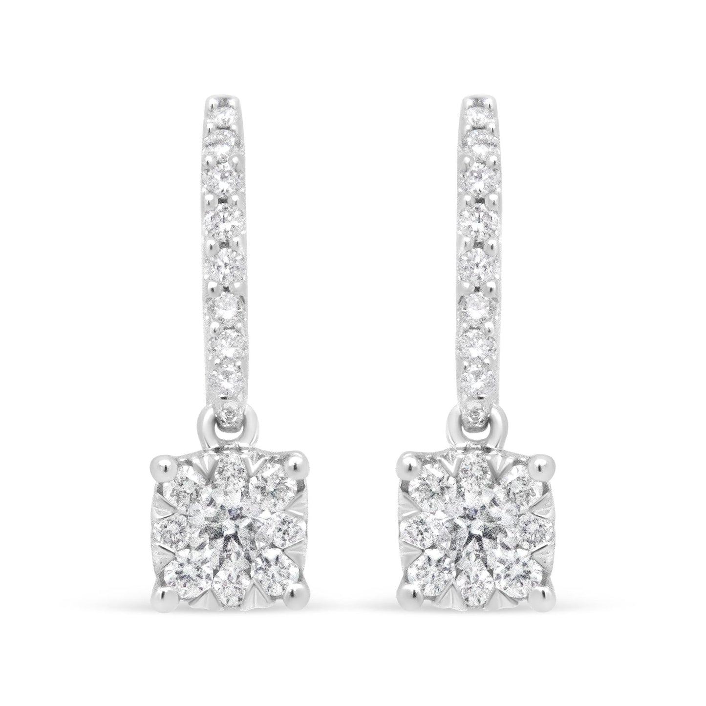 14K White 1/2 Cttw Round Diamond Halo Dangle Hook Earring - (H-I Color SI2-I1