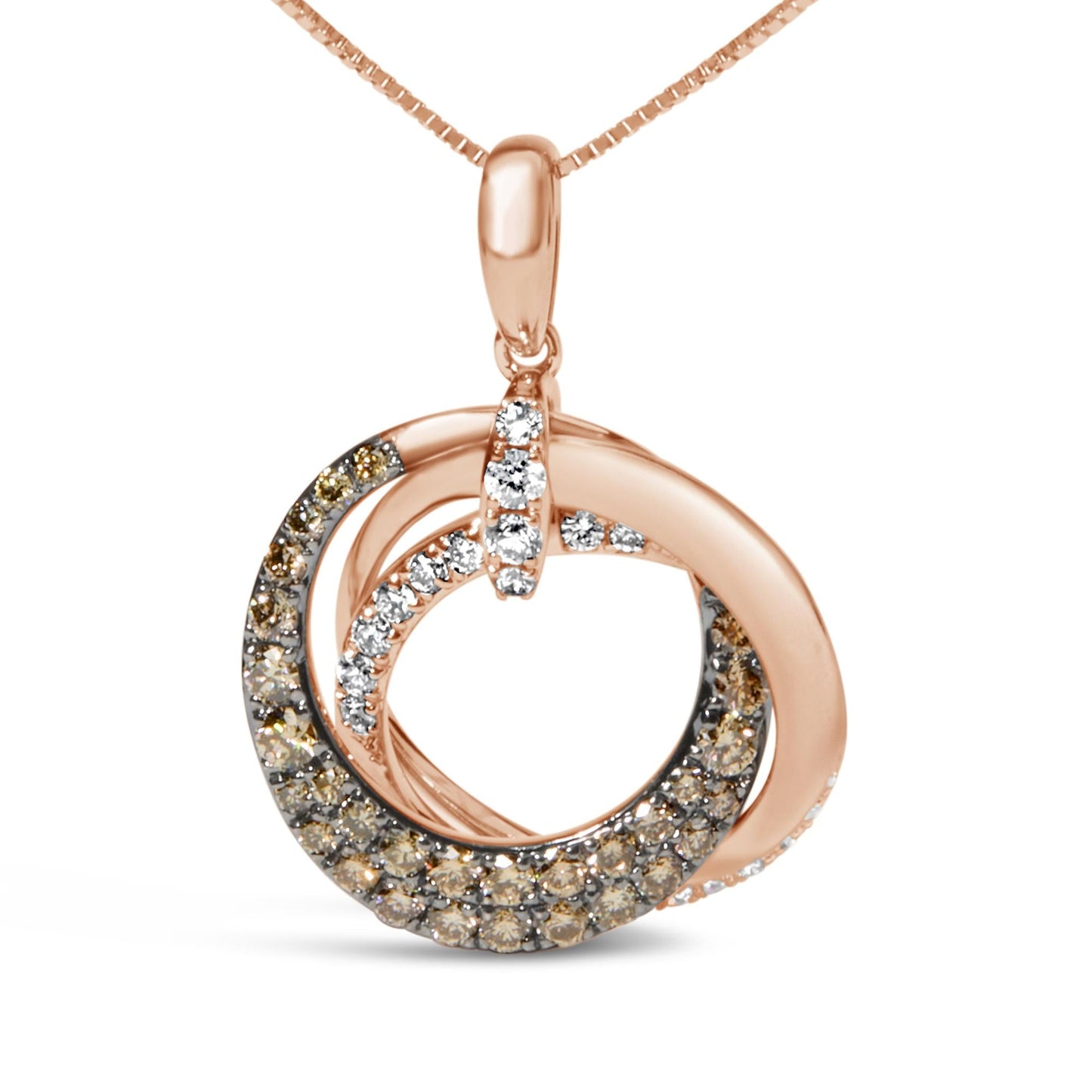 14K Rose Gold 3/4 Cttw Brown and White Diamond Interlocking Circle Hoop 18" Inch Pendant Necklace (G-H Color, SI2-I1 Clarity)