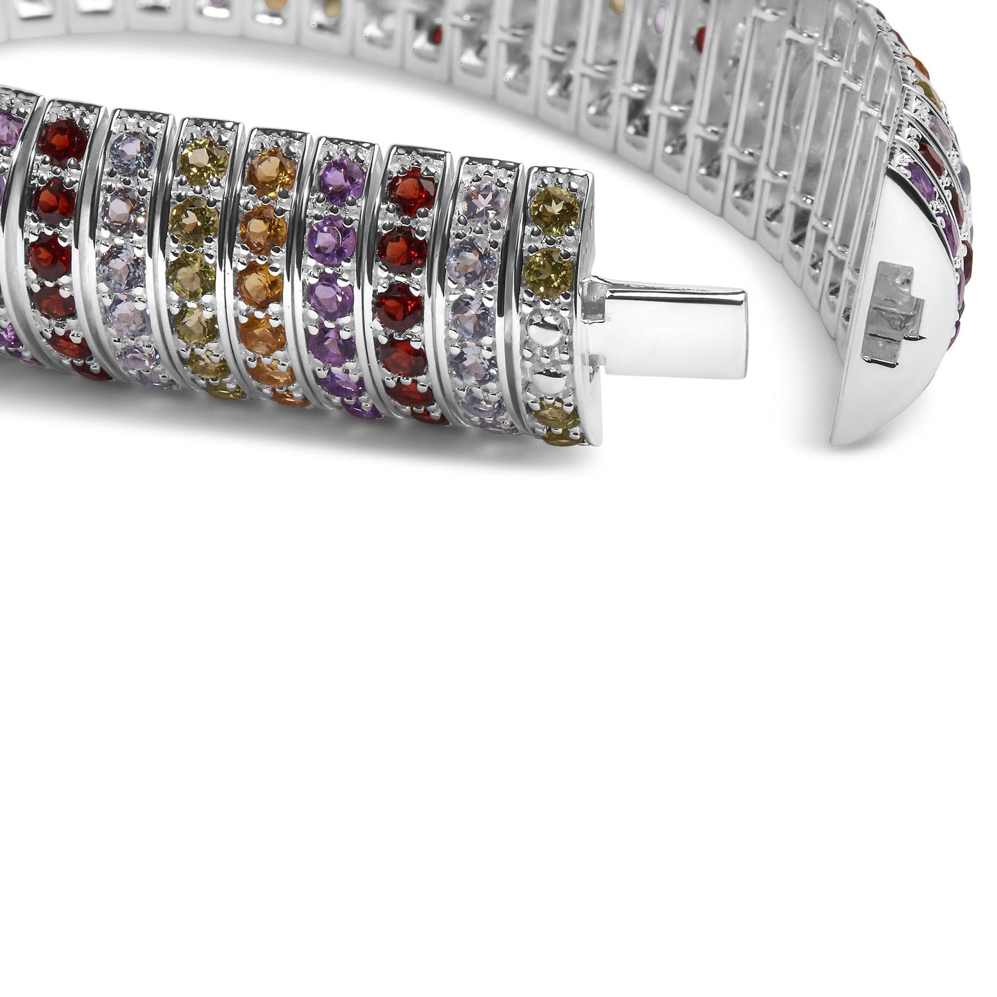 .925 Sterling Silver Multi Row Rainbow Gemstone Bangle Bracelet - 7.5’’