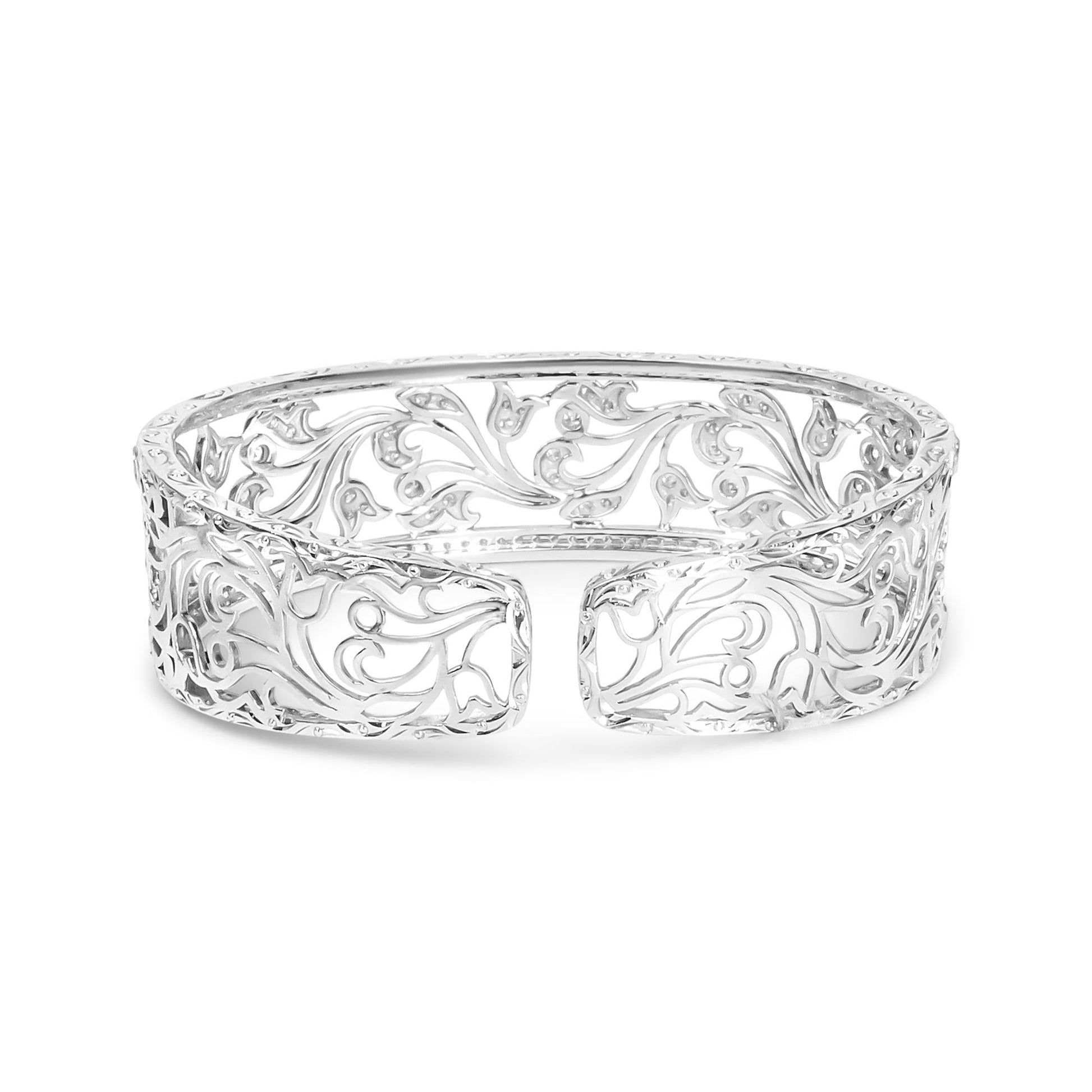 18K White Gold 3 1/4 Cttw Pave Diamond Openwork Floral Filigree Swirl Bangle