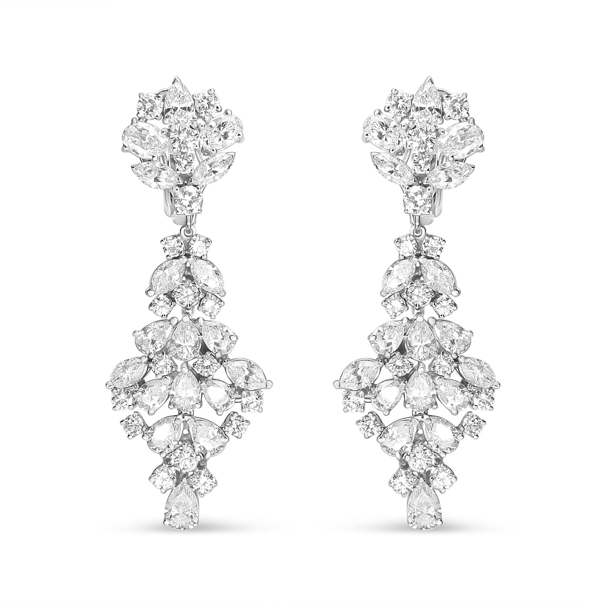 18K White Gold 9 1/2 Cttw Diamond Cluster Drop Dangle Clip-On Earrings (F-G