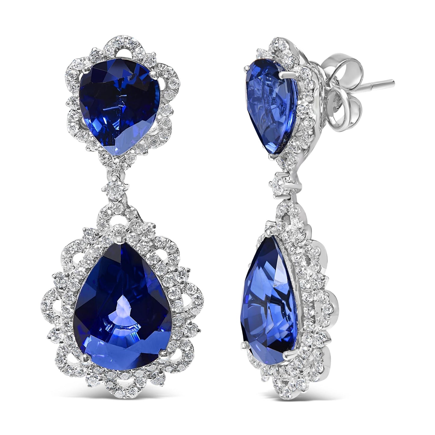 18K White Gold Blue Sapphire and Diamond 2.00 Cttw Diamond Halo Drop and Dangle