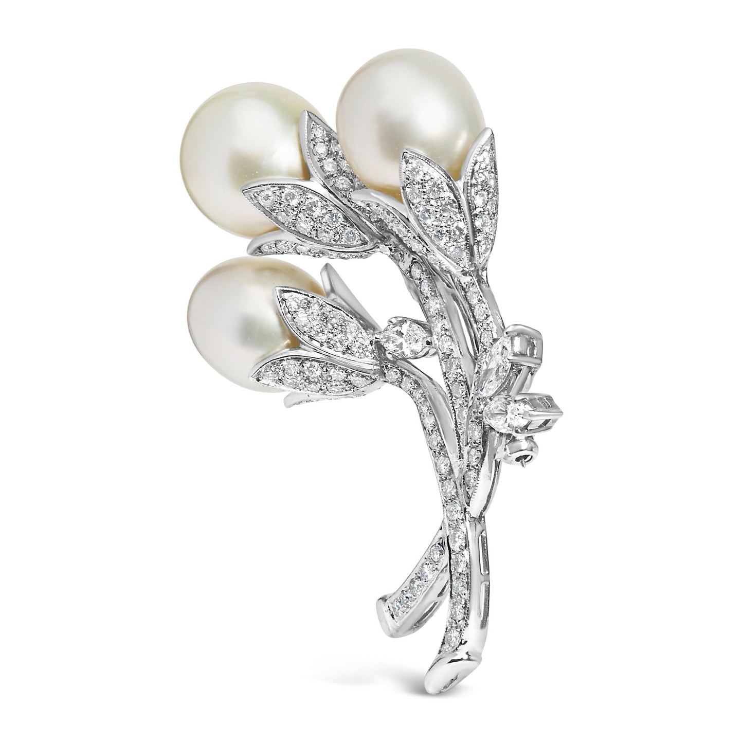 18K White Gold 2 1/5 Cttw Diamond and South Sea Pearl Floral Brooch Pin (G-H Color, VS1-VS2 Clarity)