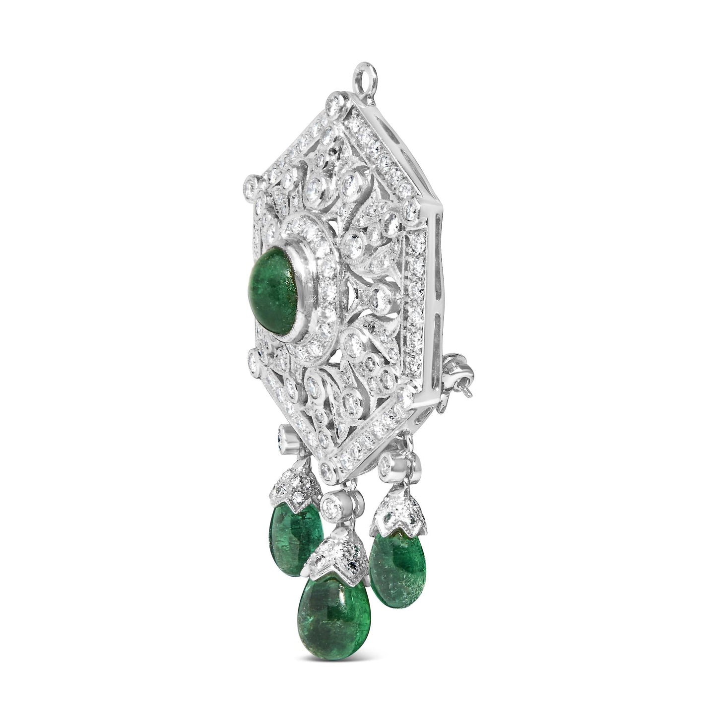 18K 2 3/4 Cttw Diamond and Emerald Dangle Art Deco Shield Brooch Pin Pendant