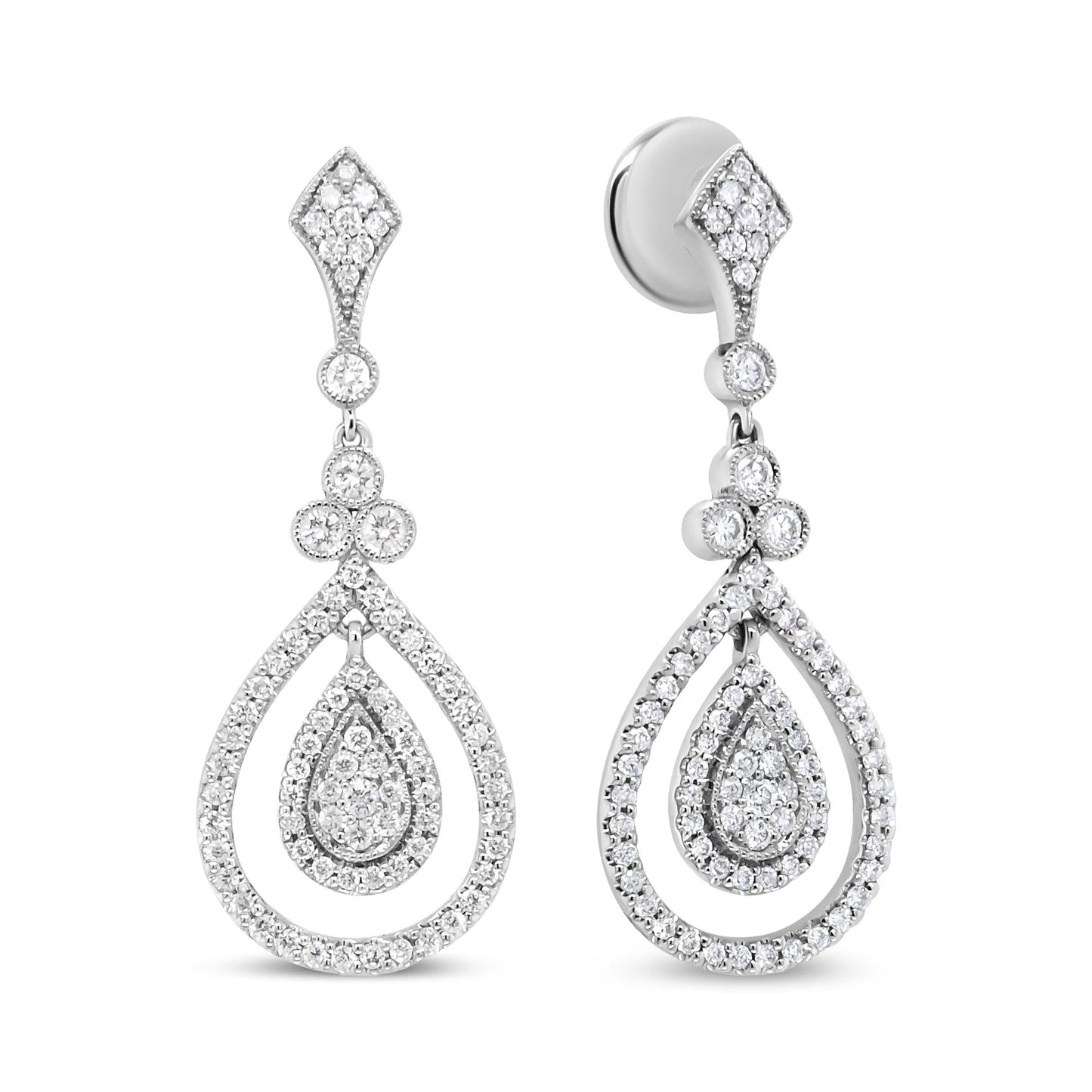 18K White Gold 1 1/4 Cttw Round Diamond Openwork Teardrop-Shaped Dangle