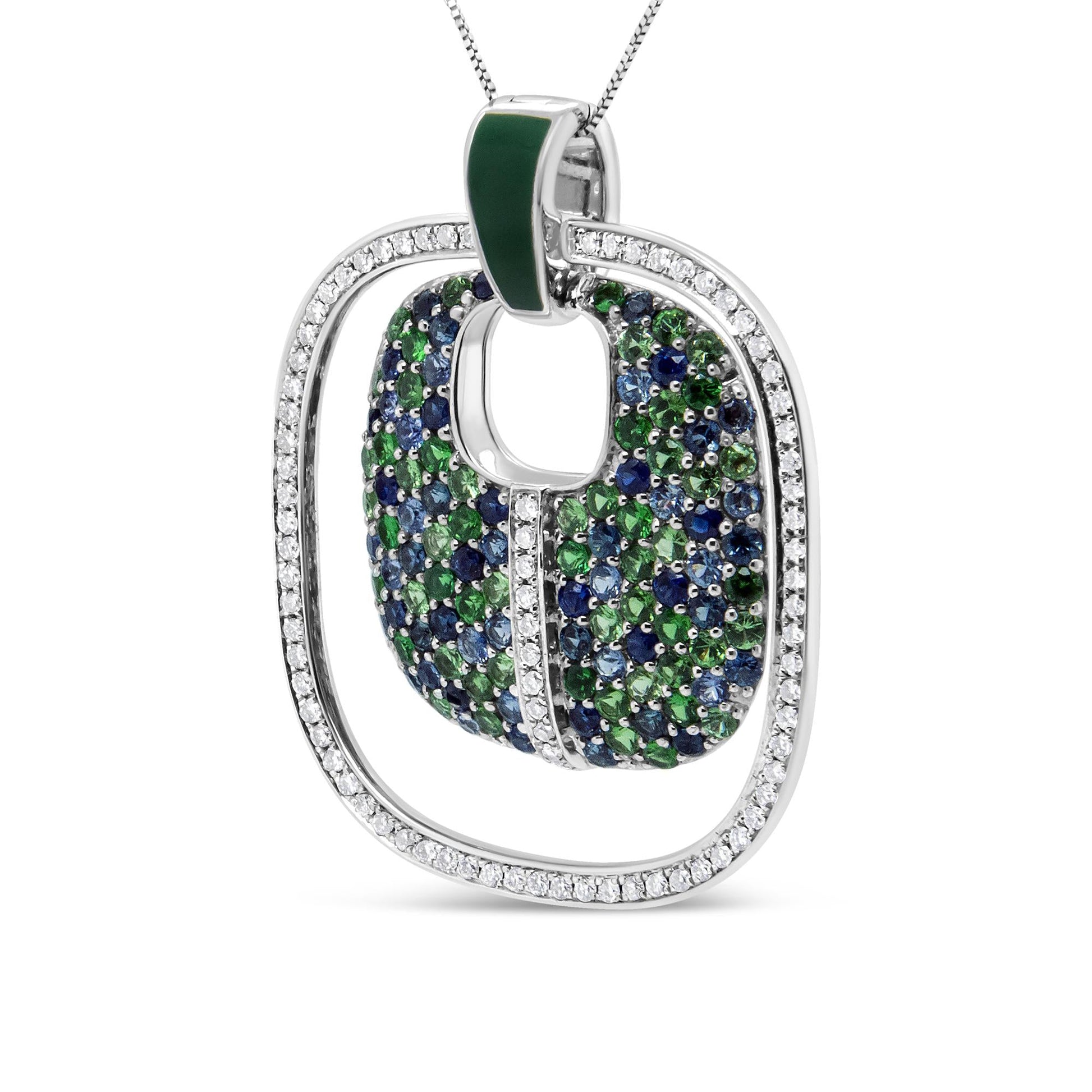 .925 Sterling Silver Green Enamel Pendant with 1/2 Cttw Diamond Sapphire