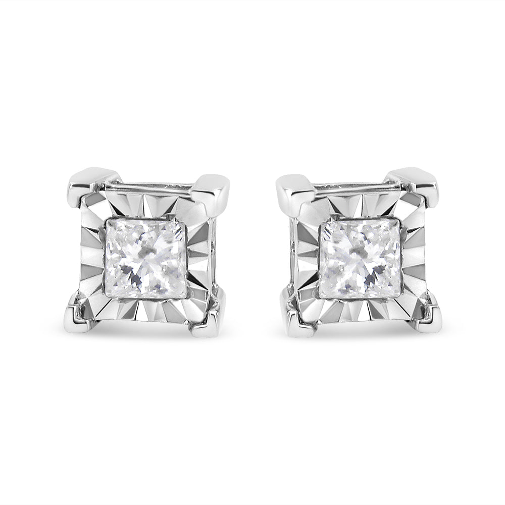 .925 Sterling Silver Miracle Set Princess-Cut Diamond Solitaire Stud Earrings