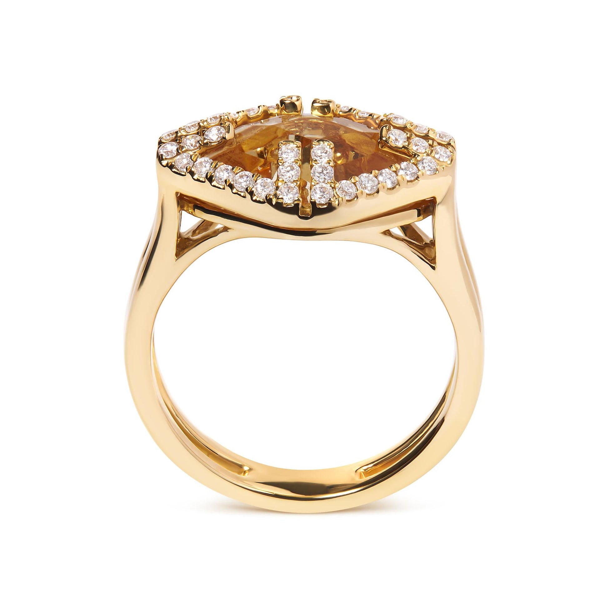 14K Yellow Gold Marquise-Cut Yellow Citrine and 1/3 Cttw Diamond Halo Cocktail