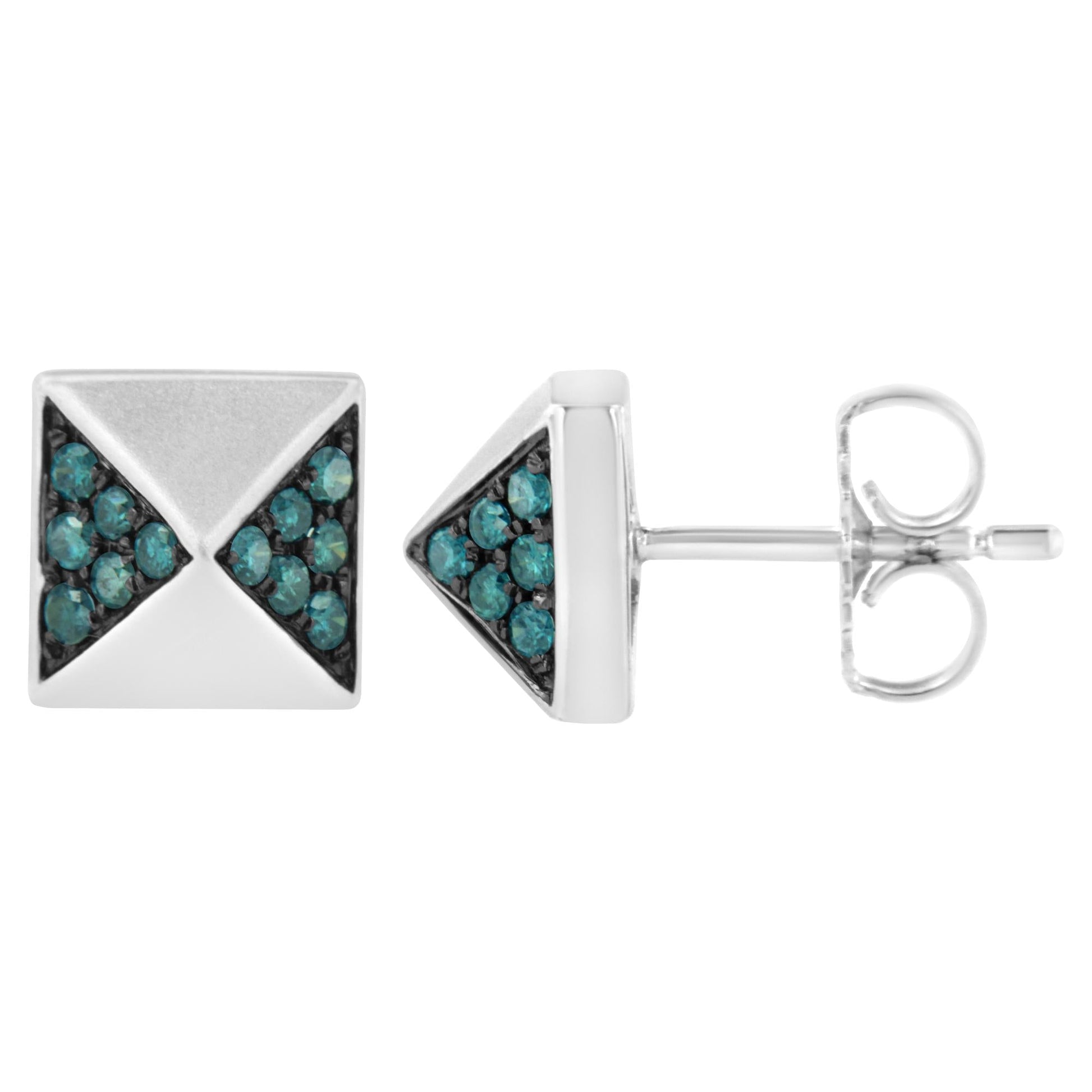 14K White Gold 1/4 Cttw Treated Blue Diamond Pyramid Stud Earring (Blue Color